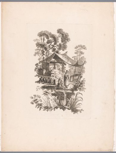 Fishing woman and children under a canopy