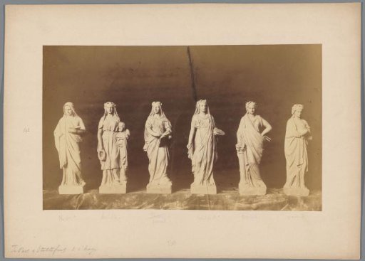 Photographic reproductions of the sculptures History, The Art of Sculpture, The Art of Painting, The Art of Architecture, The Art, and The Art of Engraving by Te Poel and Stoltefus