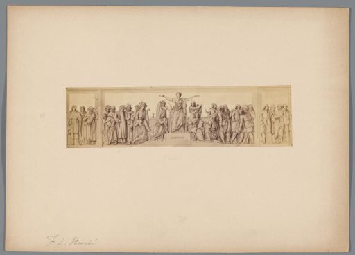 Photographic reproduction of a drawing of a frieze with the Dutch Maiden and several figures by Franciscus Leonardus Stracké