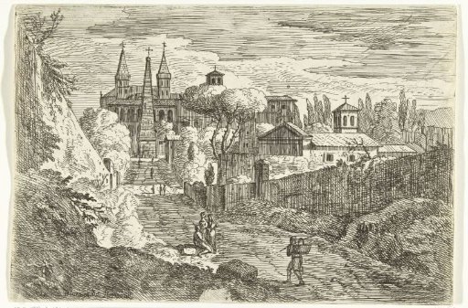 Italianate landscape with travellers at city walls