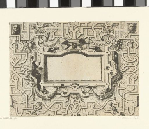 Cartouche surrounded by moresques, with a mask in the upper left and right corners