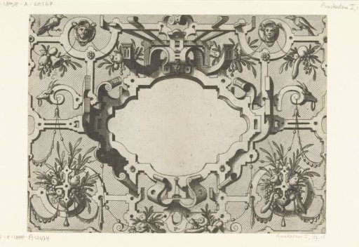 Cartouche in a frame of scroll and strapwork