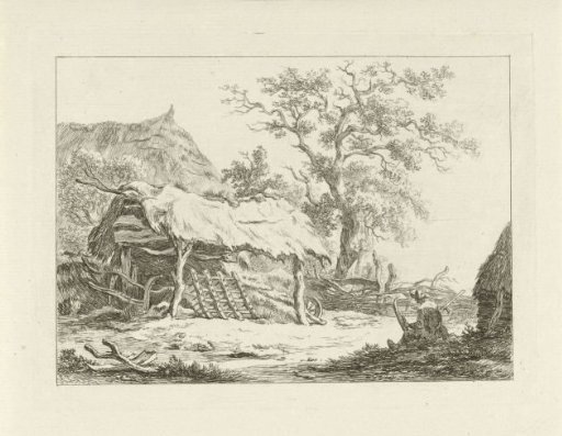 Seated figure by a barn