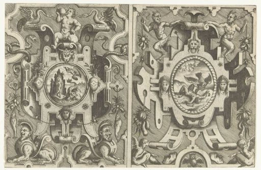 Two cartouches with mythological scenes