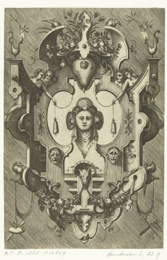 Cartouche with the head of a woman wearing three shells in her hair