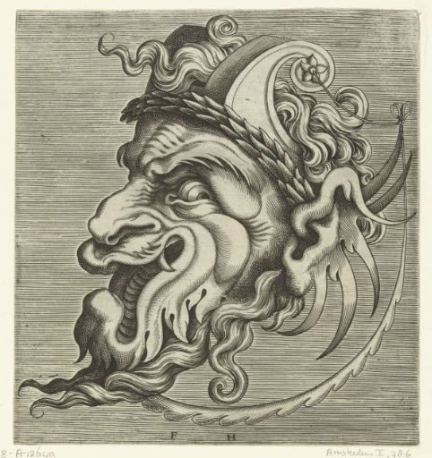 Mask and Profile with Two Horns of Scrollwork and a Laurel Wreath