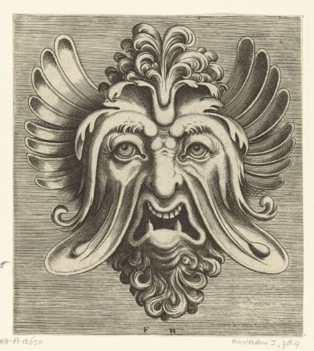 Mask with Sunken Cheeks, Two Pointed Lower Teeth and a Tuft of Curls Resting on the Bridge of the Nose