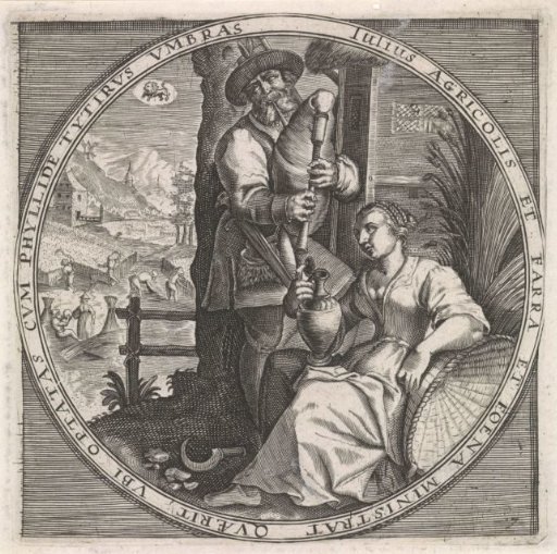 July: Bagpiper and Woman with a Jug