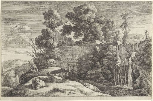 Landscape with cows and a spinning woman