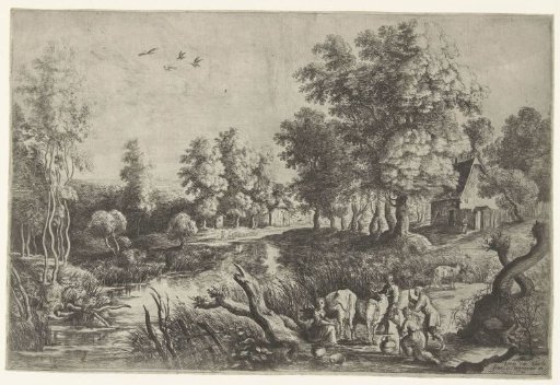Farmers with cattle by a stream
