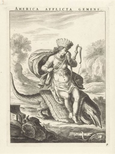 Female personification of America as a woman with a feather headdress and bow and arrow sitting on a caiman