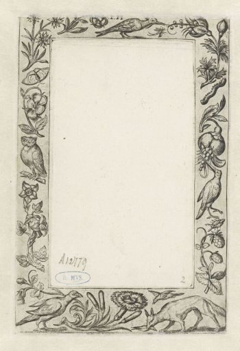 Frame with a fox holding a bird in its beak in the lower right