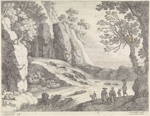 Figures by a waterfall