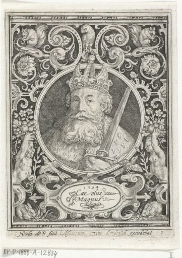 Portrait of Charlemagne in a medallion within a rectangular frame with ornaments
