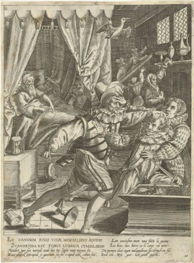 Tenth stage of life of one hundred years with a dying man and a fight over his inheritance
