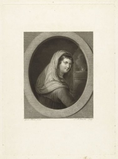 Young woman with veil, a fire in the background