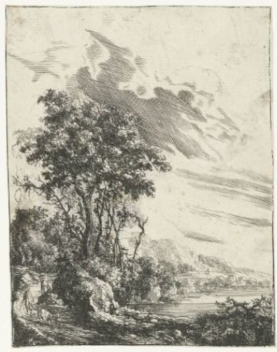 River landscape with a man and a goat