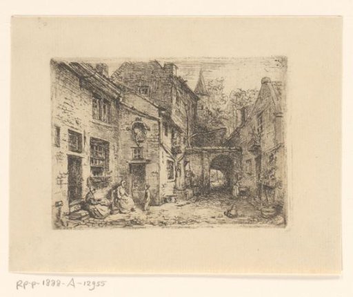 Alley with women and children doing needlework