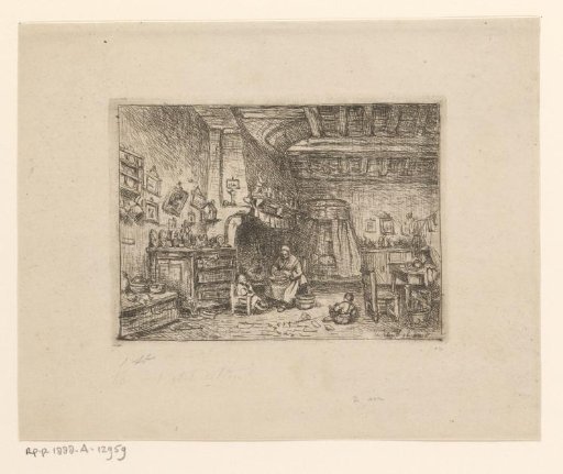 Interior with a woman and two children