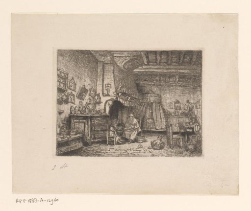 Interior with a woman and two children