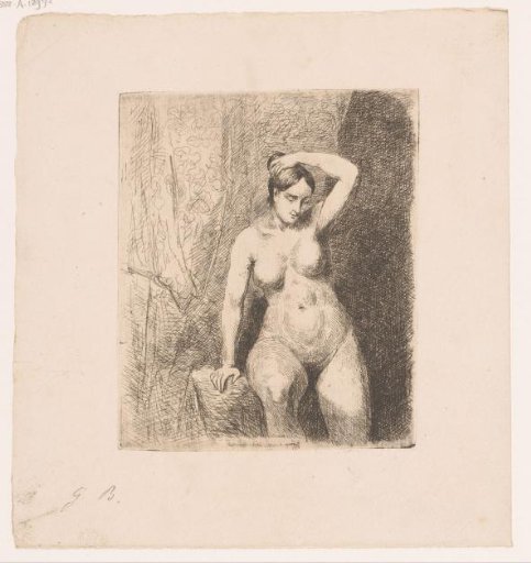 Seated nude woman holding her braid