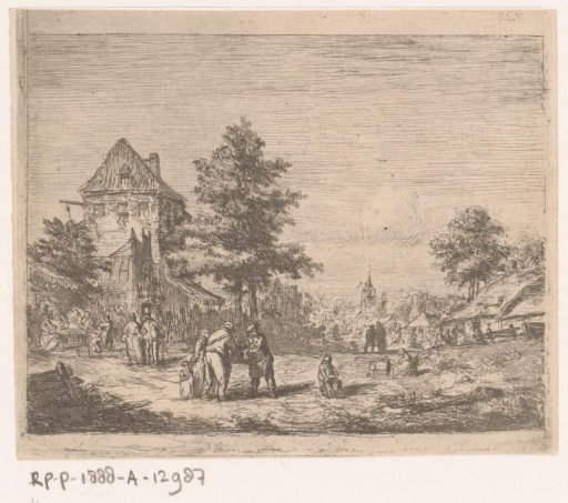 Village View with Many People on the Street and a Church in the Background