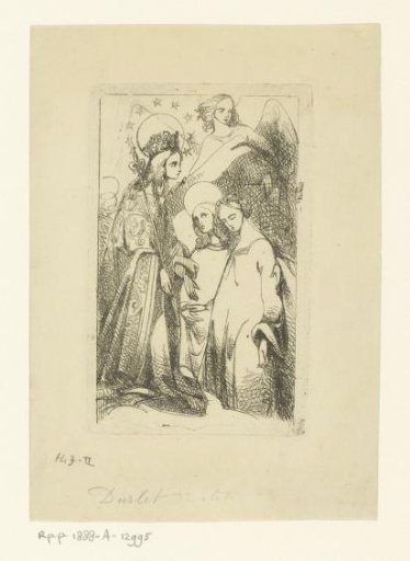 Two angels lead a woman before Mary in heaven