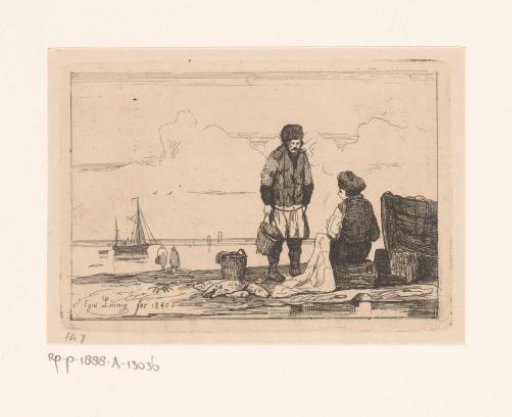 Two fishermen on the beach, one repairing a sail