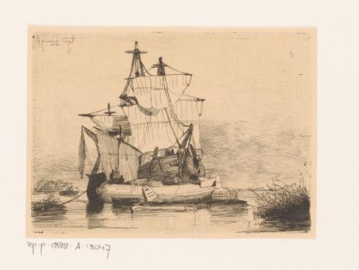 Three-master at anchor near an inland vessel