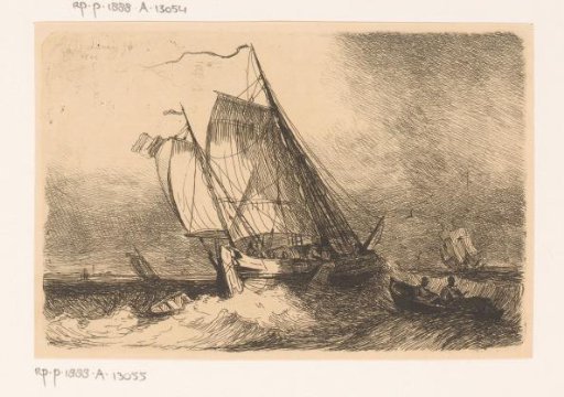Sailing ships and a rowboat on rough seas