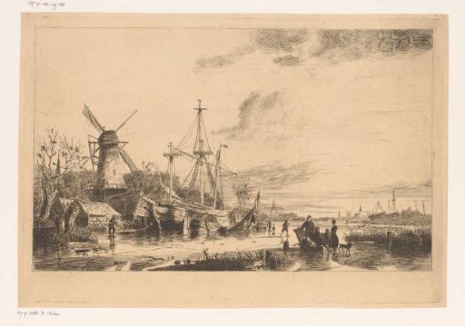 Boats moored by a mill along a frozen canal in the Netherlands, next to a tent on the ice
