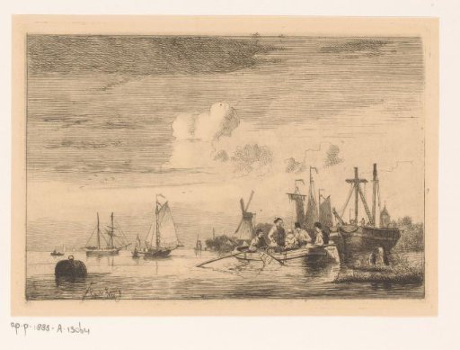 River landscape with a floating barrel, a rowing boat and sailing boats