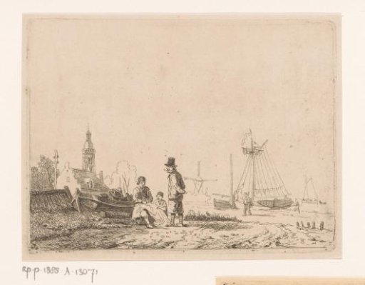 Fisherman with his son repairing a net under the supervision of a pipe-smoking old sailor