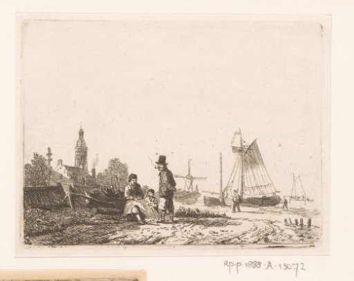 Fisherman with his son repairing a net under the supervision of a pipe-smoking old sailor