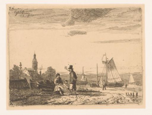 Fisherman with his son repairing a net under the supervision of a pipe-smoking old sailor
