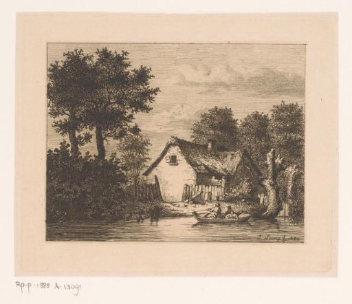 Rowing boat on a river in front of a farm in Wetteren