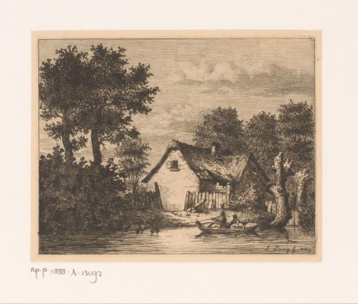 Rowing boat on a river in front of a farm in Wetteren