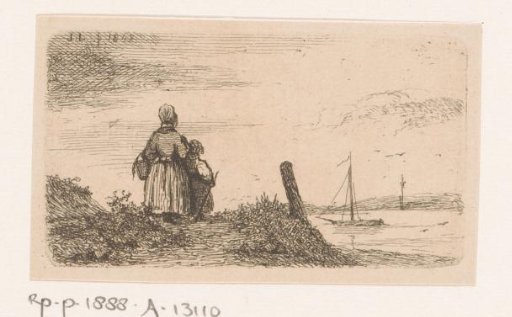 Woman and child looking out over the water at a sailing boat passing by
