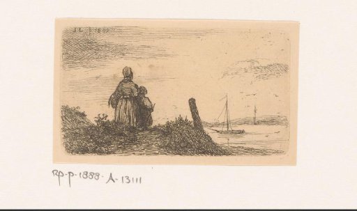 Woman and child looking out over the water at a sailing boat passing by