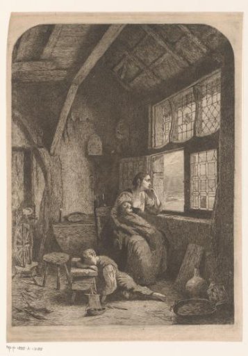 Woman with two sleeping children waiting by an open window