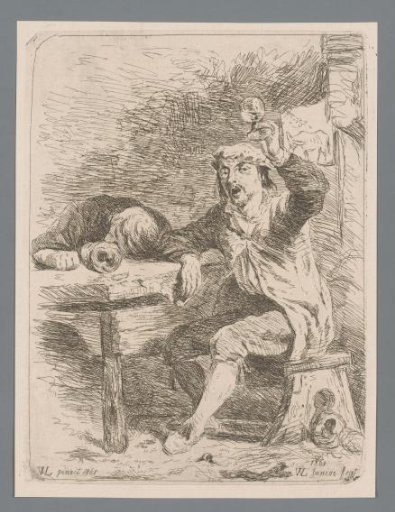 Two men in an inn, one raising his glass, the other fallen asleep on the table
