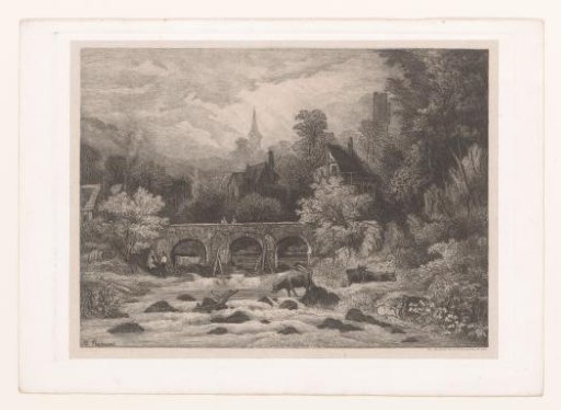 Landscape with a village in a mountain valley along a river with a bridge