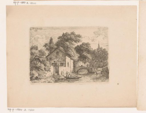 Three figures by a rowboat in front of a building
