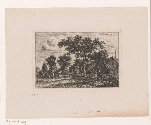 Landscape with two buildings along a path
