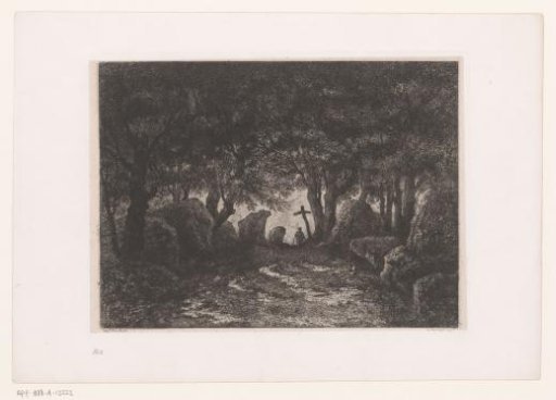 Man by a Wooden Cross at the Edge of a Forest