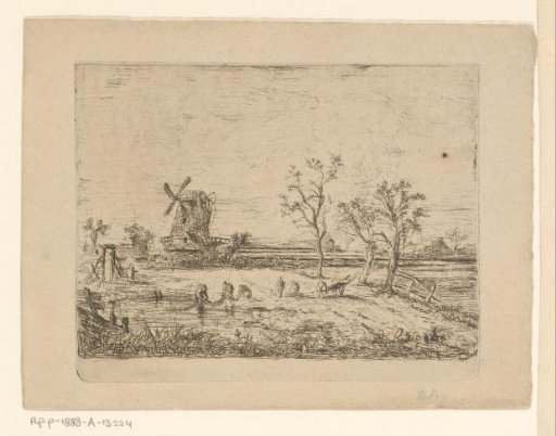 Landscape with a mill and fishermen with a fishing net