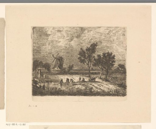 Landscape with a mill and fishermen with a fishing net