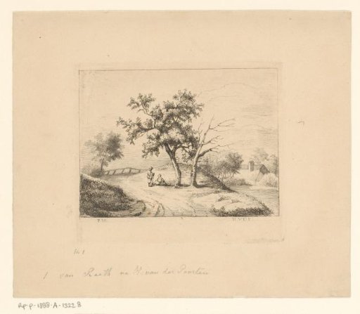 Landscape with two figures on a road under a tree
