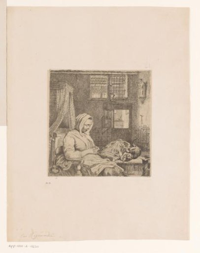 Sleeping lace worker in an interior with a cat on the table