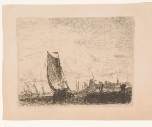 Boats on the Scheldt with a village with mill on the right